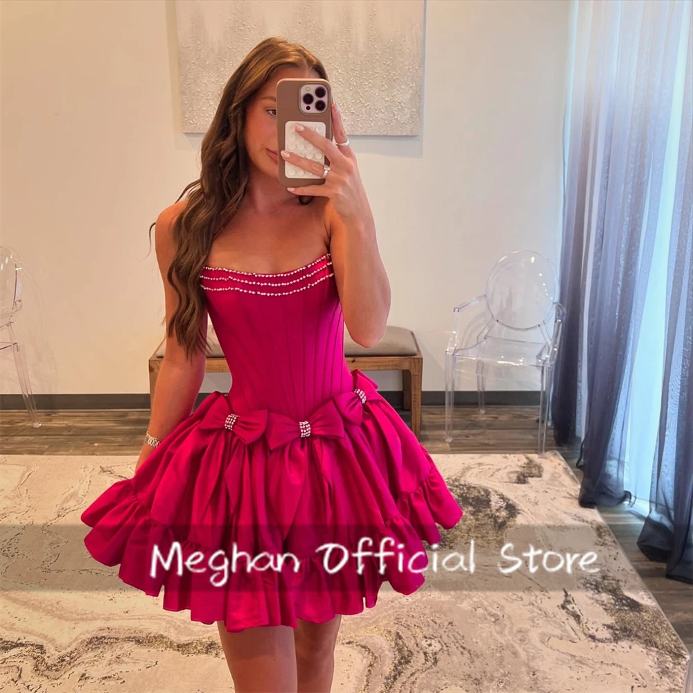 

Fuchsia Short Satin Homecoming Dress with Bow Crystals Saudi Arabric Birthday Gown Homecoming Dress Customized Plus