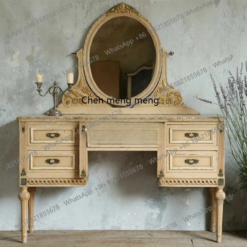 

French retro carved solid wood dresser, makeup table, storage cabinet, integrated with makeup mirror