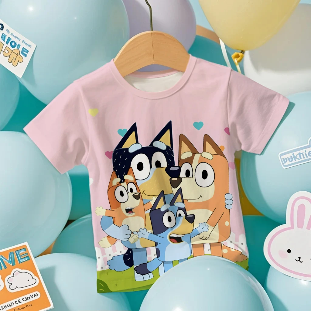 

2026 Bluey Print Kids 3D T-Shirt Summer Cool Breathable Short Sleeve Cartoon Anime Design Tee for Boys and Girls Casual
