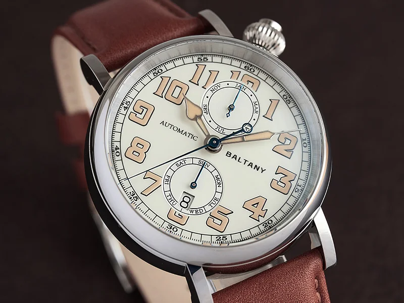 Baltany S6047 Automatikuhr Typ A7 1935 Aviator Hommage Uhr 1930er Vintage Fliegeruhr Mechanische Pilotenuhr Leuchtend Saphirglas Herren – Detail 6