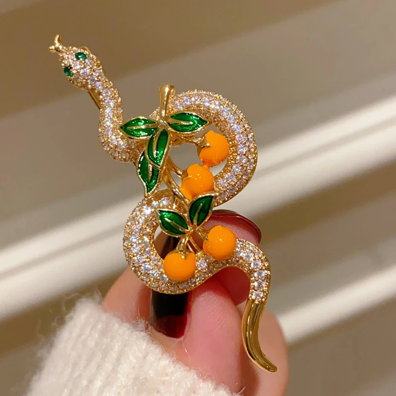 2025 Chinese Zodiac Snake Year Persimmon Brooches For Women Men Zircon Corsage High-end Simple Jacket Clothing Accessories Pin