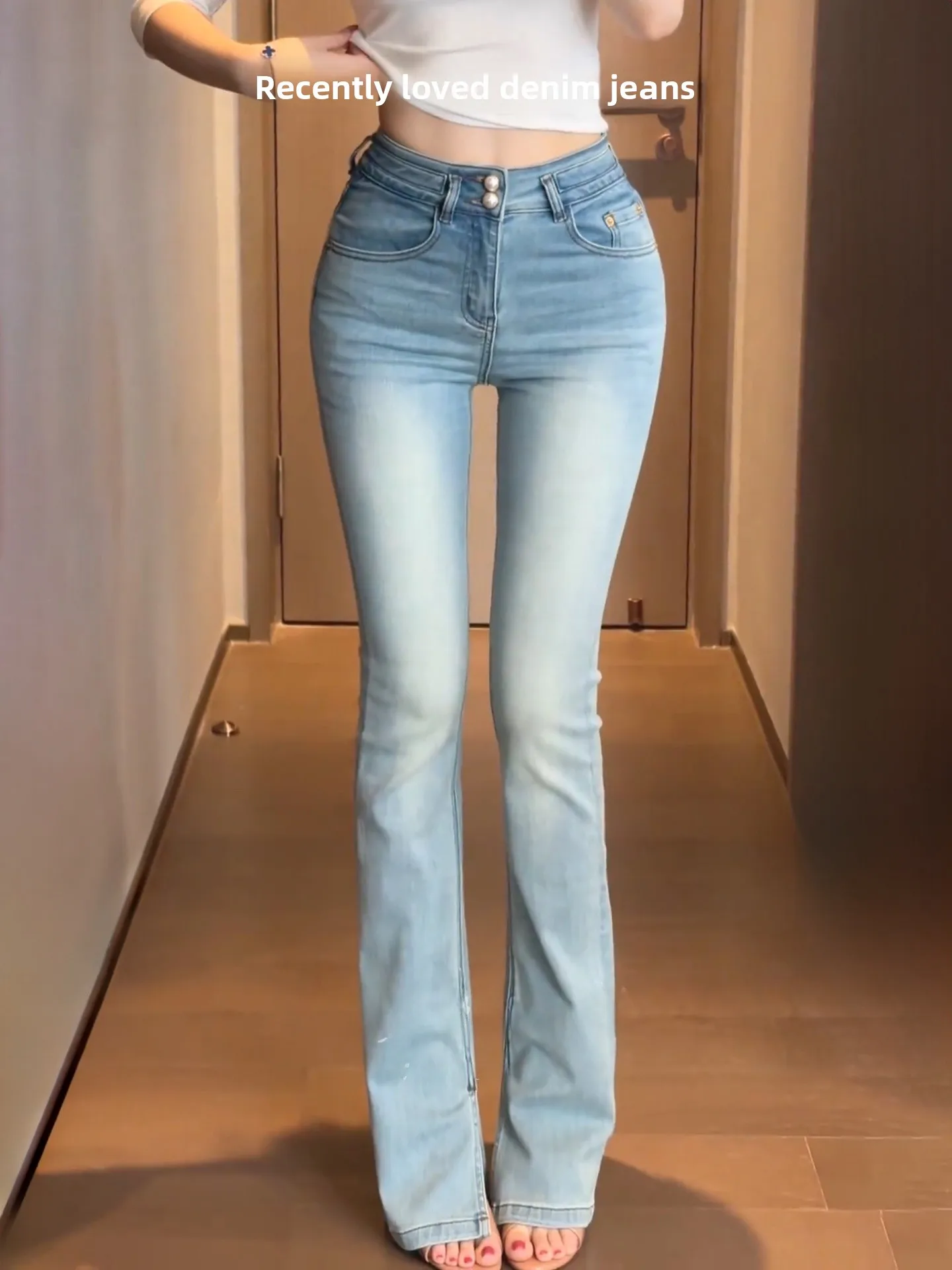 

High Waist Slim Fit Micro Flared Denim Jeans Women's Premium Quality Cotton Stretch Fabric Button Closure Long Pants