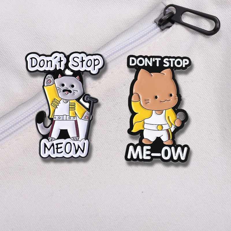 Cute Cat Don't Stop Brooch Enamel Pins Cartoon Rock Singer Cat Brooches Jacket Lapel Pin Badge Backpack Jewelry Gift for Friends