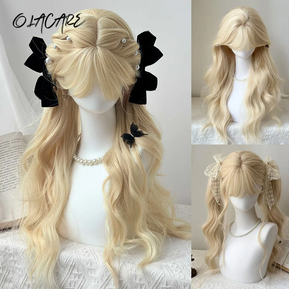 OLACARE Straight Blonde Wigs with Neat Bangs High Density Synthetic Natural Fake Hair Wig for Women Daily Cosplay Party Wigs