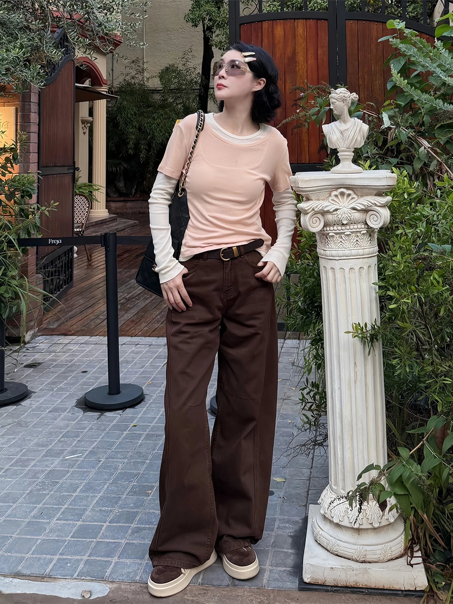 

AW Wang Na Na 2026 Весенне-осенние джинсы кофейного цвета без стрейча, повседневные, в американском ретро-стиле, широкие брюки, стандартный крой, размер L, высокая талия