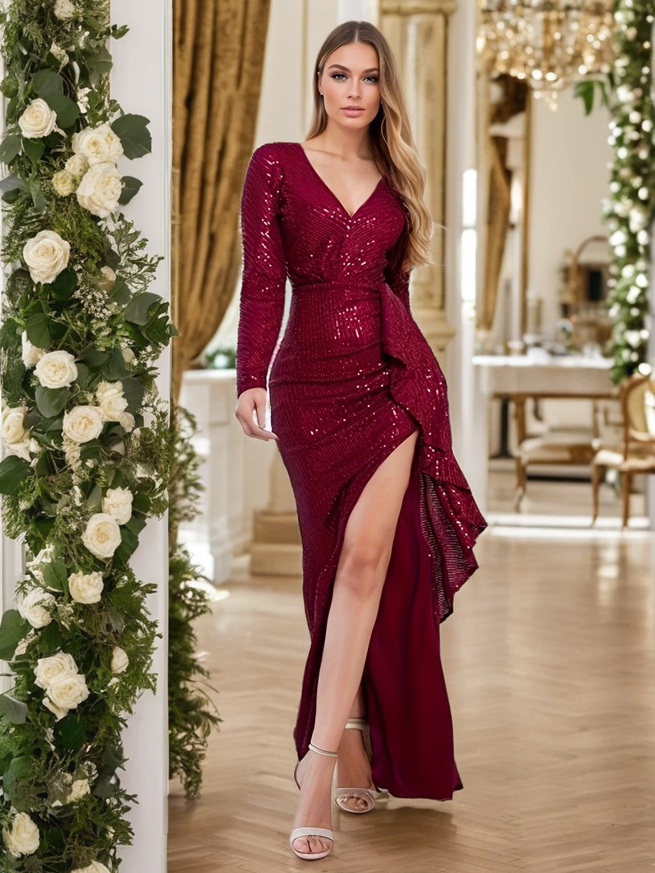 Sexy V Neck Long Sleeves Slit Prom Gown Dresses Women Side Ruffles Open Back Burgundy Evening Party Dress Formal Dinner