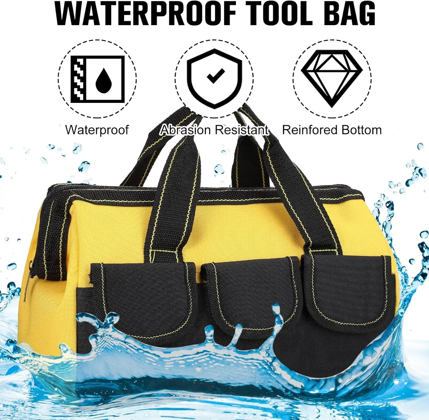 Tool Bag with Waterproof Hard Bottom, Heavy Duty Tool Bag Wide Mouth Tool Tote for Various Tools, Electrician Carpenter Mechanic