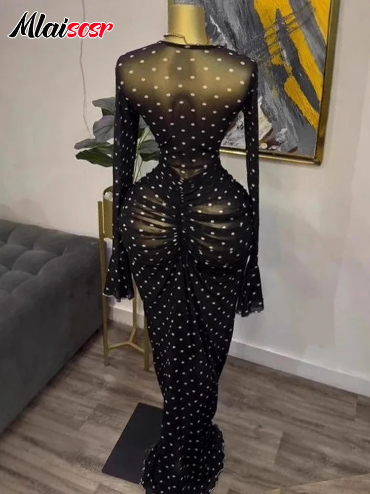 Mlaiscsr エレガントな長袖スタックドレースメッシュシースルーブラックマキシドレス女性ファッションイブニング誕生日休暇 Vestidos