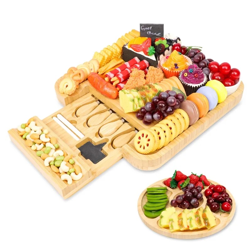 100% Natural Bamboo Cheese Board Set Hidden Drawers Food Serving Charcuterie Board Bamboo Cheese Board With Knife Set