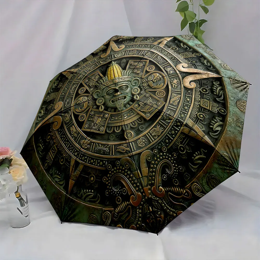 1PC Antique Aztec Calendar Designs on Unique Umbrella Print 8 Iron Ribs Folding Umbrella Auto-Open Fashion Sunshade
