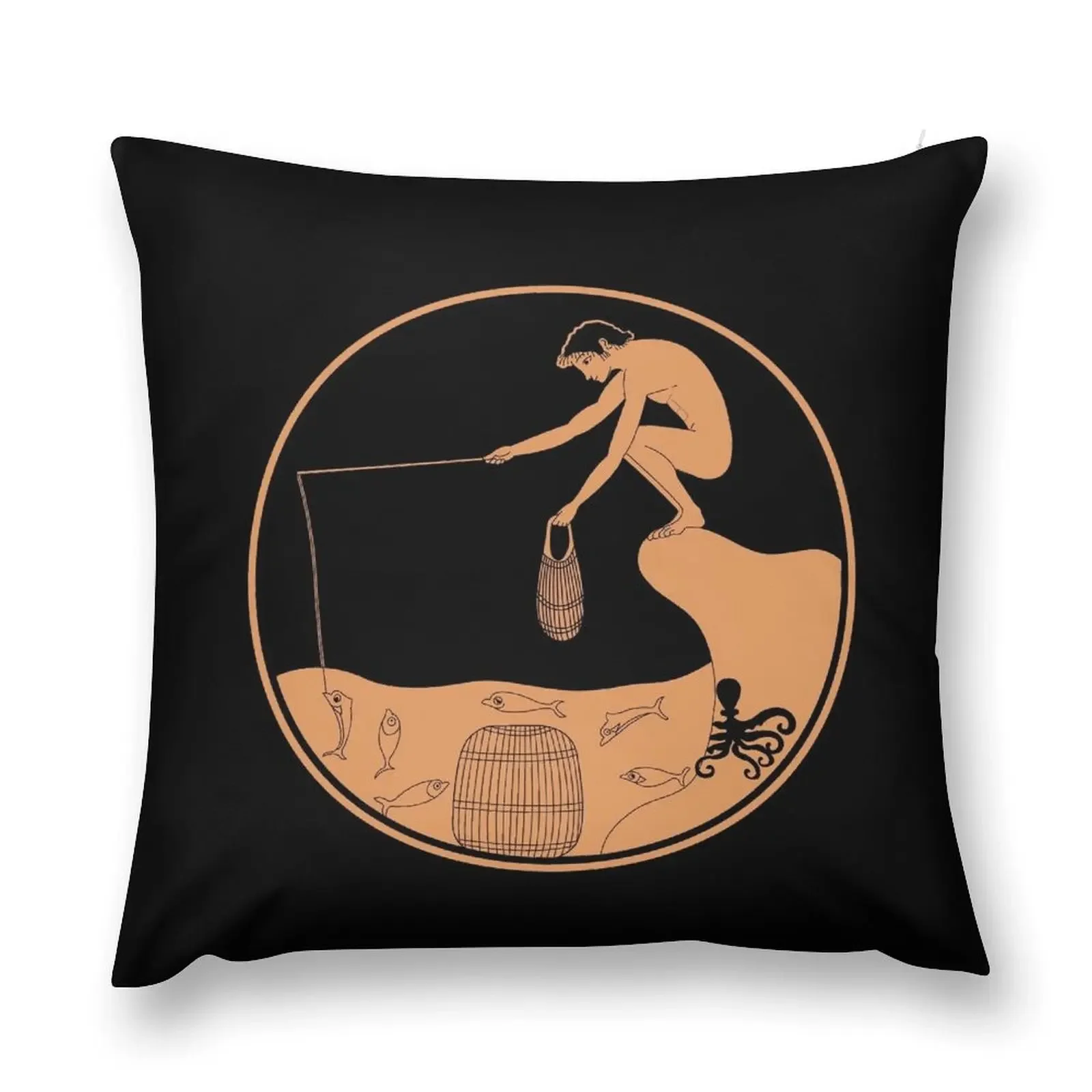 An octopus hiding from a fisherman - Ancient Greek collection. Throw Pillow Embroidered Cushion Cover Pillow Cover pillow