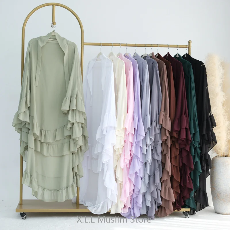 Luxury Fashion Double Layer Ruffled Large Headscarf Muslim Eid Ramadan Kebaya Kaftan Islamic Solid Color Large Hijab