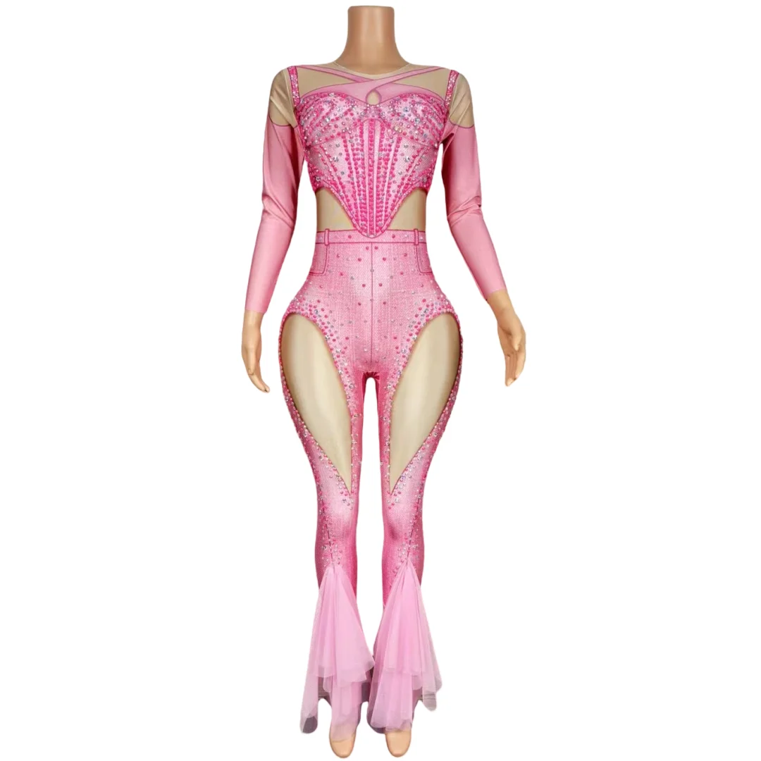 2024 New Designed Pink Rhinestones Long Sleeves Jumpsuit Birthday Celebrate Stretch Bodysuit Costume Singer\'s outfit niuzai