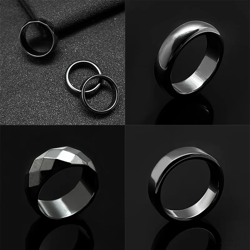 Fashion Hematite Rings For Women Men 4/6/10mm Width Flat/Faceted/Plain Black Non-magnetic Couple Natural Stone Ring Wholesale