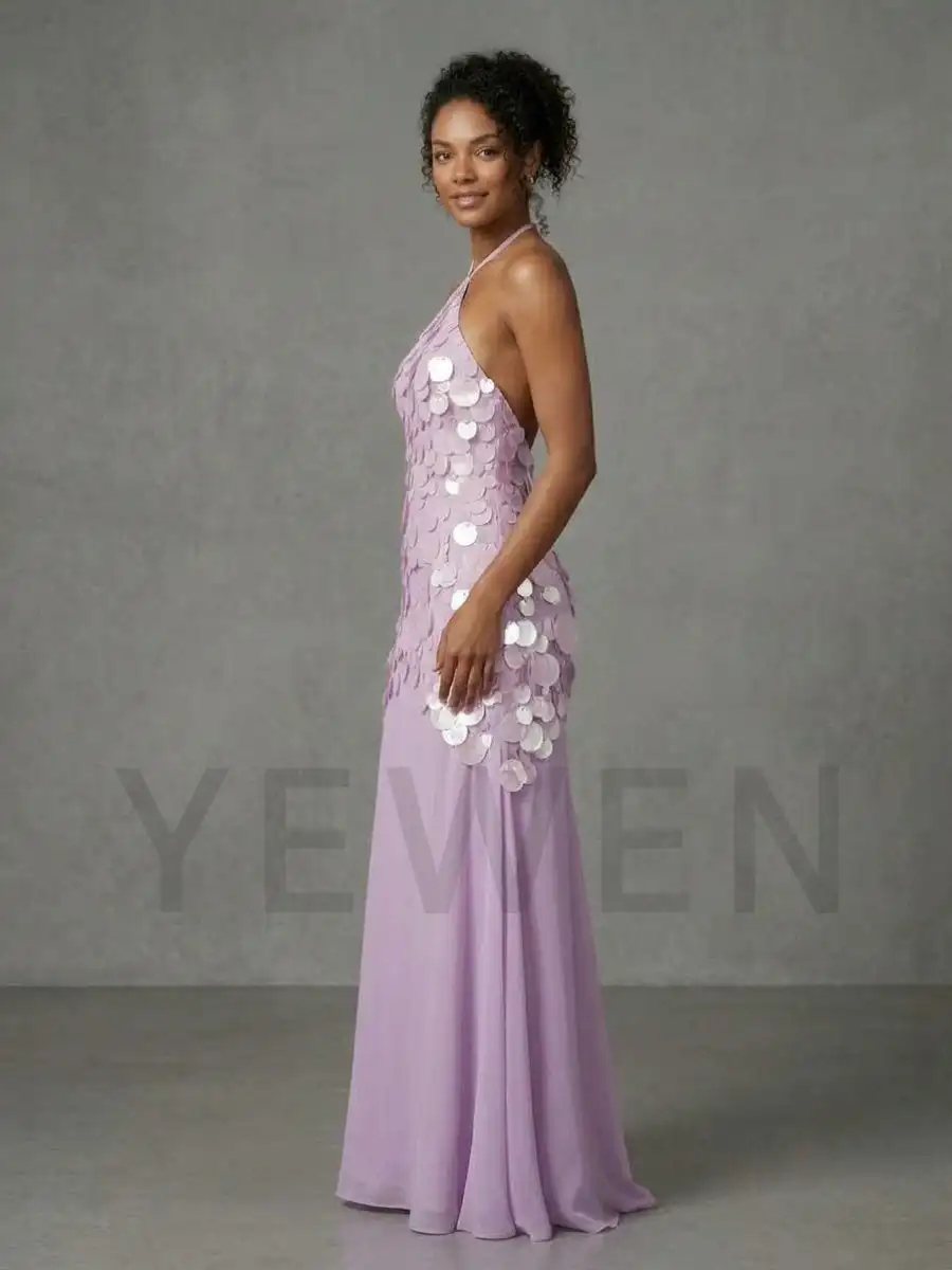 Lavender Sequin Halter Maxi Dress Luxury Sparkly Circle Paillette Evening Gown Elegant Prom Party Dress for Women YD261003