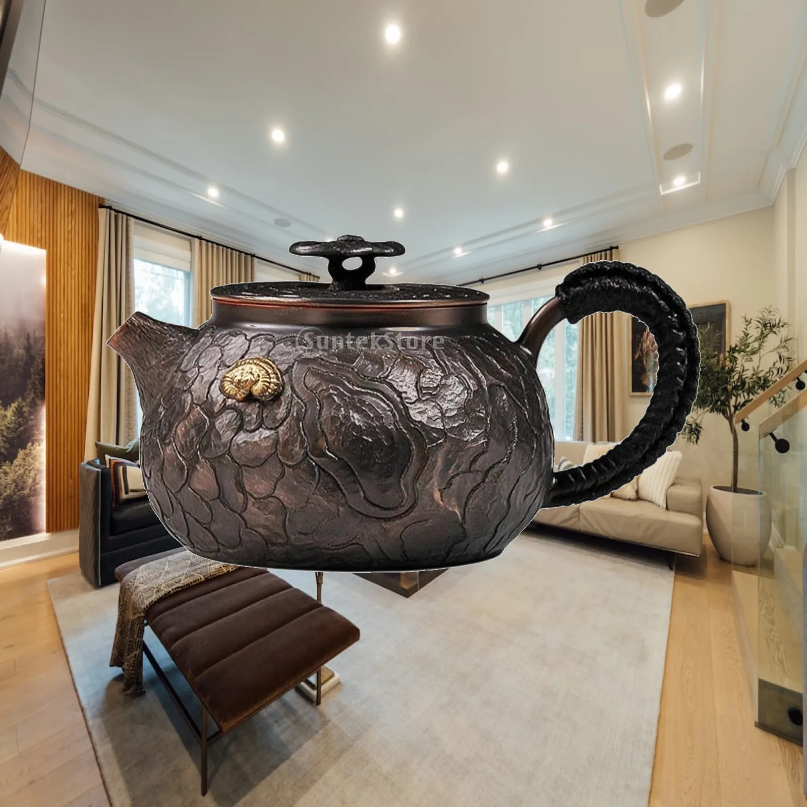 Pure Copper Tea Kettle for Brewing Loose Leaf Tea Hand Hammered Surface with Embossed Lid and Elegant Pouring Spout Design