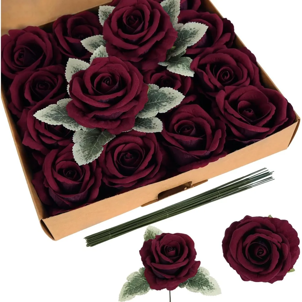16 Stück burgunderrote Rosen-Kunstblumen, 8,9 cm, große gefälschte Samt-Rosen, echte Haptik, Seidenblumenköpfe für DIY-Hochzeitsstrauß
