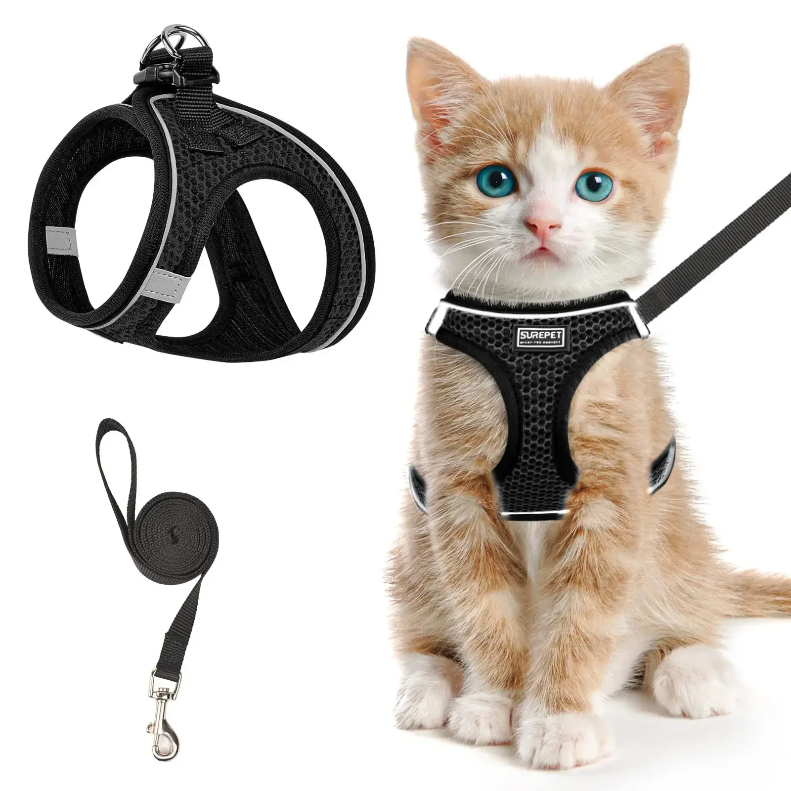 Cat Harness and Leash for Walking, Escape Proof, Adjustable Kitten Vest, Reflective Soft Mesh, Puppy Harness for Outdoor