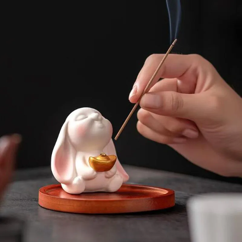 Porcelain Long Ear Rabbit Stick Incense Holder Sandalwood Fragrance Censer Creative Tea Ceremony Ornaments Home Decor