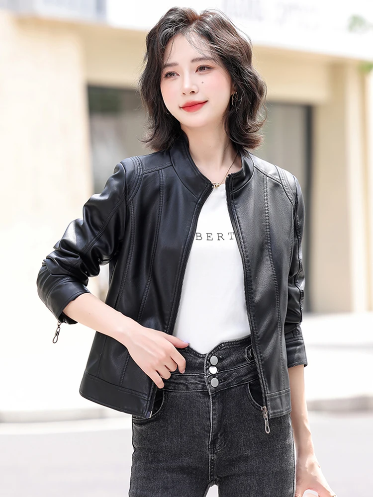   Ning 本物の羊革レザージャケット女性用ショートスリーブ春新作韓国版スリムフィットスタンドカラーコート