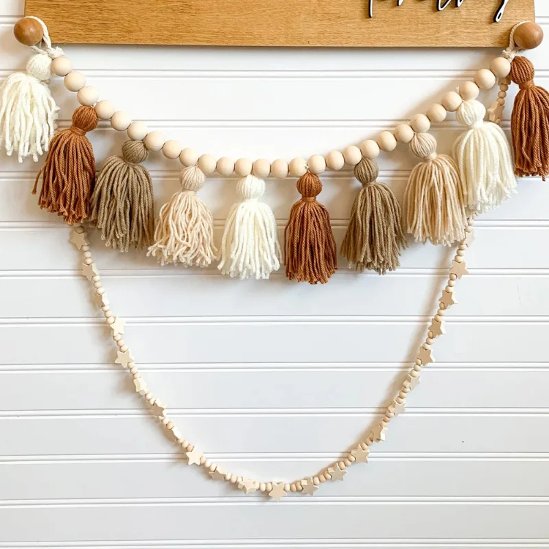 Nordic Style Hand-woven Wooden Beads String Wool Tassel  Home 2023 New Style Children\'s Kid Room Decoration Wall Hangings Decor