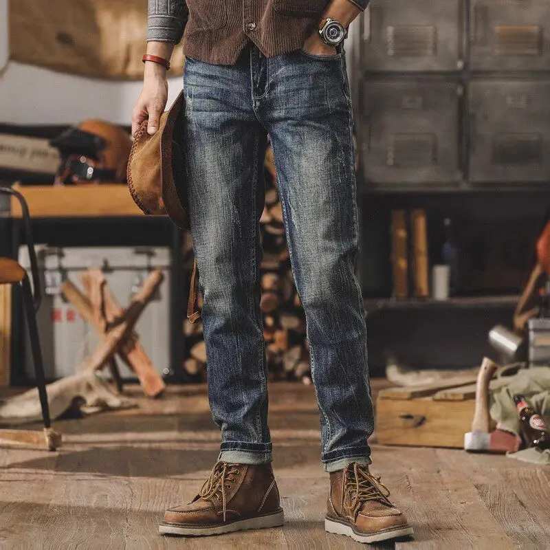Retro Men's Straight Leg Jeans Whisker Wash Denim Pants with Fleece Lining Option Casual Cargo Style Trousers for Autumn Winter