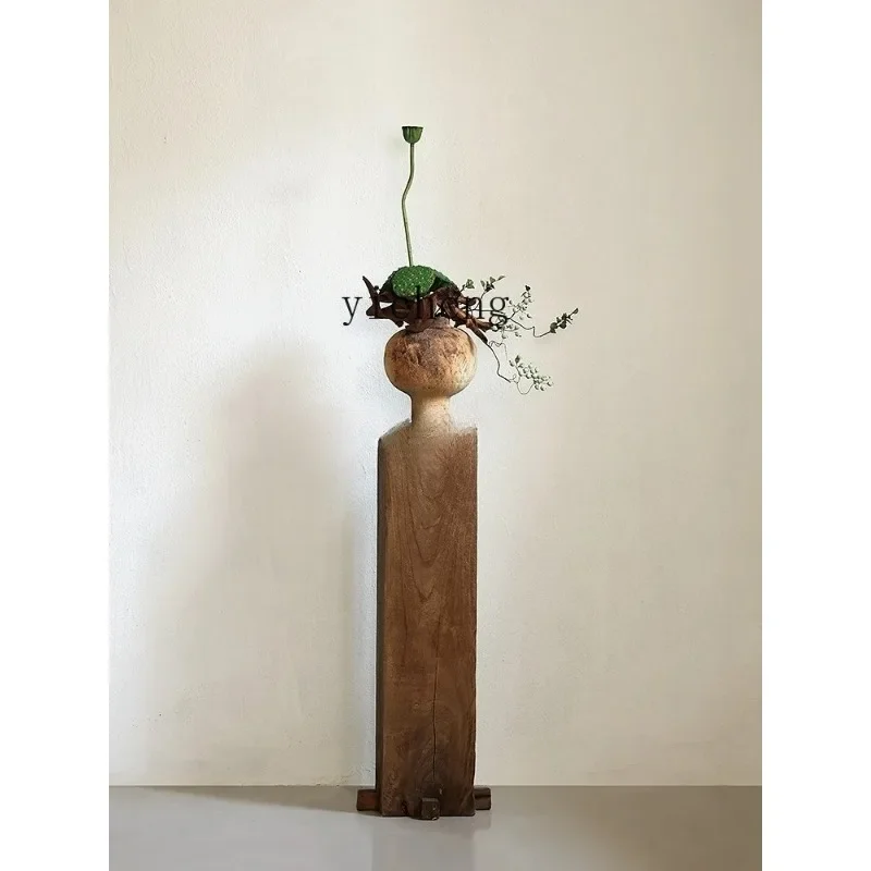 HP-31 Solid Wood Base Pillar Vase Living Room Entrance Wood Carving Landscape Ornament