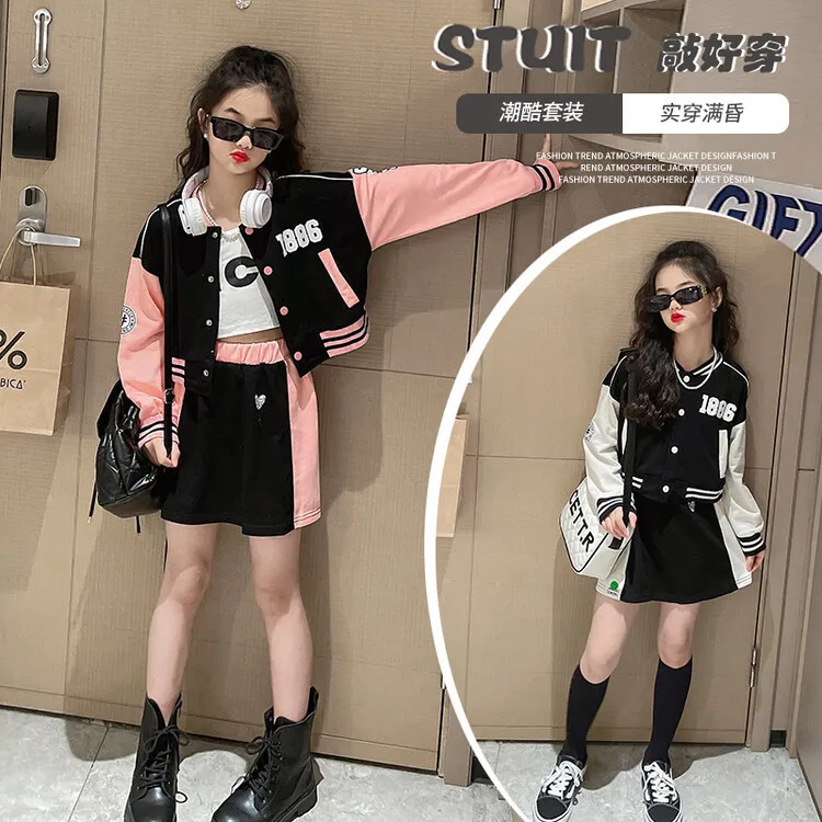 

Children's Clothing Girls Skirt Sets Baseball Uniform Autumn Fashion Letter Print Patchwork Jacket Coat Pleated Skirt 2pcs