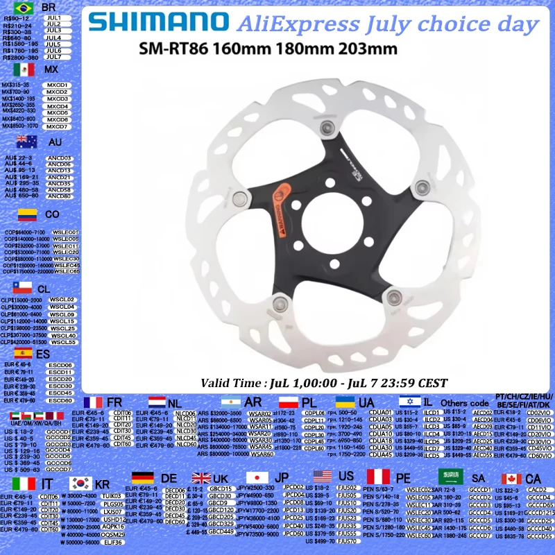 Shimano XT SM-RT86 SLX SM-RT76 SM-RT66 disco de freno de 6 pernos para freno de disco MTB seis clavos 160mm 180mm 203mm Rotor de freno de disco