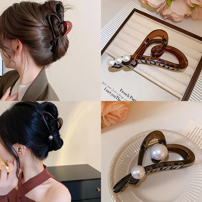 

Желтовато-коричневое сердце, Геометрическая Имитация Жемчуга, высокие Когти для волос акулы для женщин, винтажные аксессуары