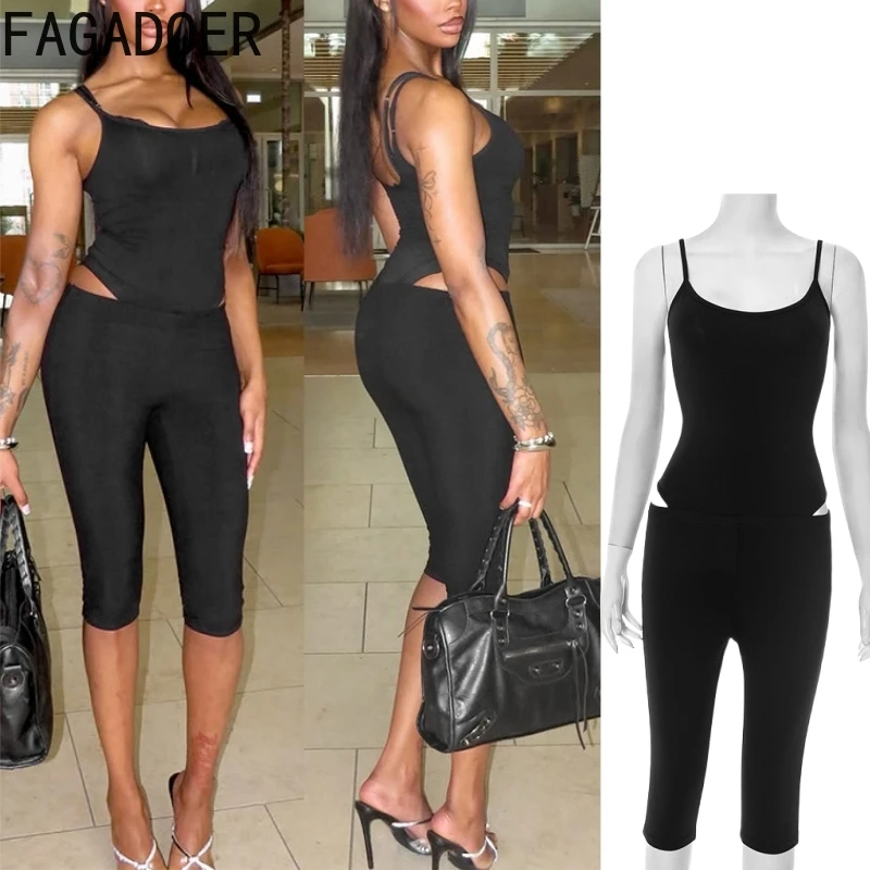 

FAGADOER Summer New Casual 2 Pieces Set for Woman Spaghetti Strap Backless Bodycon Playsuits + Pants Outfits Female Streetwear