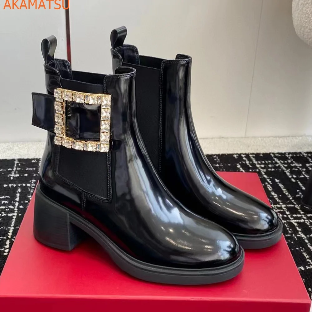 

Round Toe Rhinestones Women Boots Blingbling Square Heel Ankle Fashion Casual Comfortable Splicing Sexy Women Shoes 2023 Newest