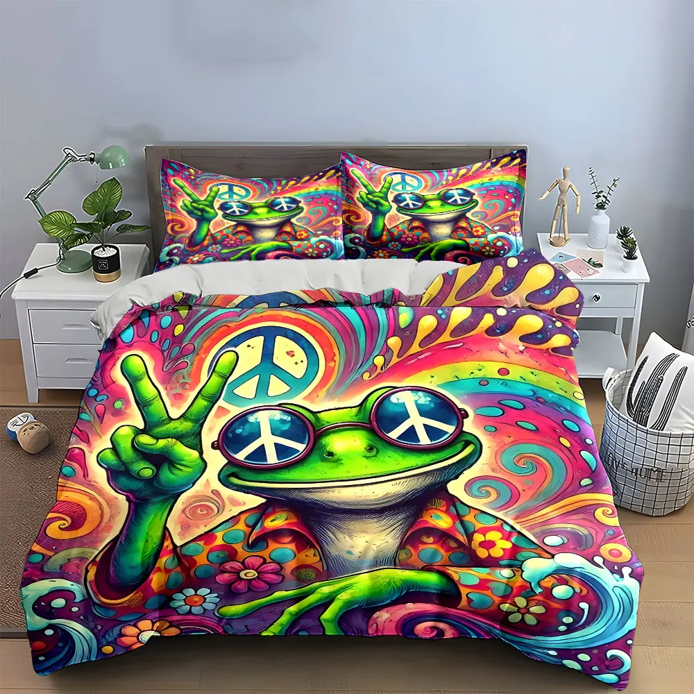 Retro Peace Frog Bedding Set, 60s Hippie Style Print, 1 Duvet Cover + 2 Pillowcases for Fun Bedroom Decor