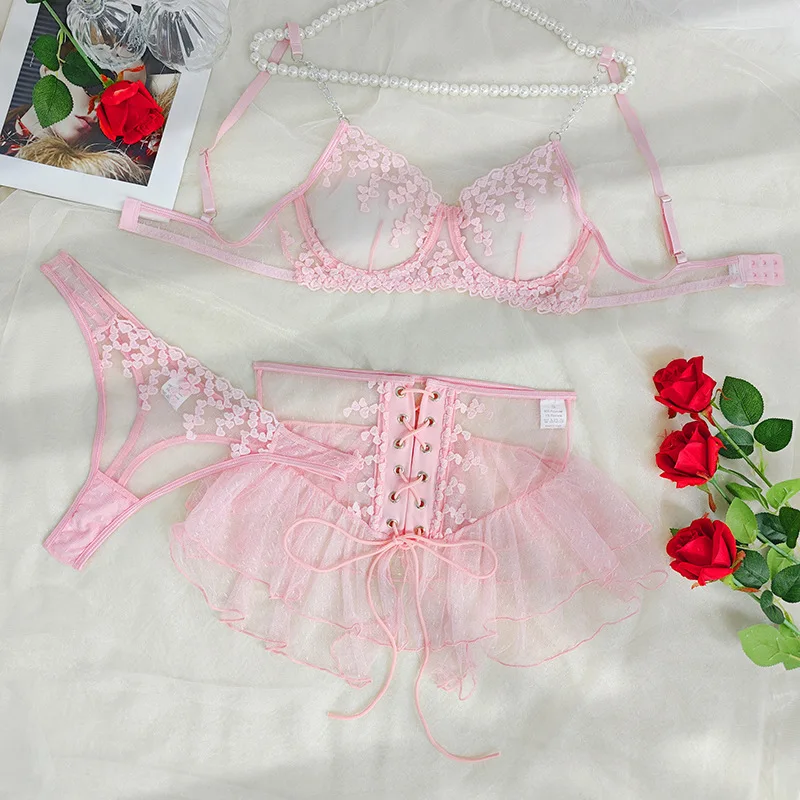 Sexy Pink Lace Embroidery Perspective Lingerie Set Women\'s Sweet Pure Desire Underwear Female See Through Bra Three Piece Suit