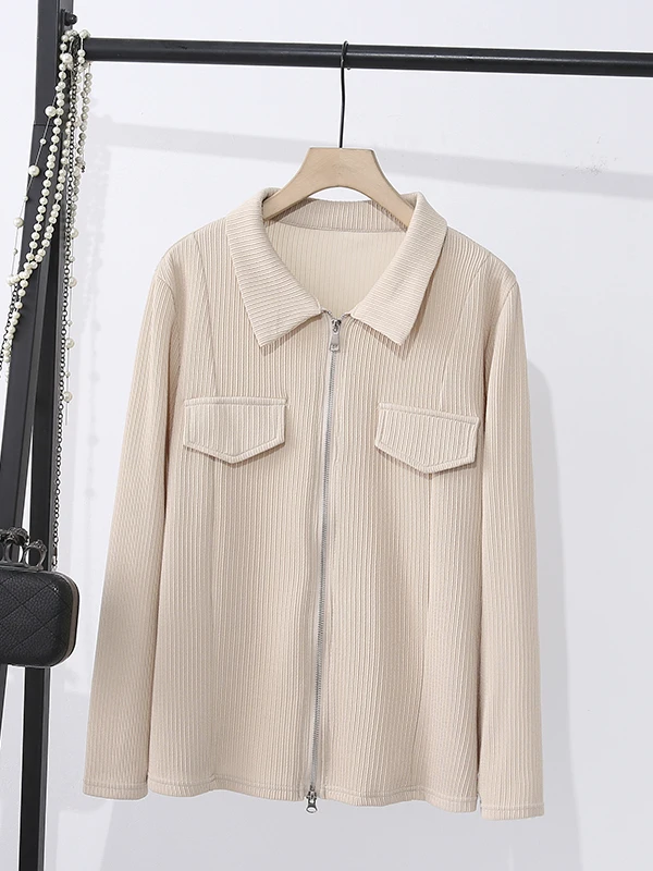 

Plus Size Double Zipper Long Sve Collar Open Cardigan plus Size Women's Slimming Outerwear oulder YD233 Casual Korean Sle