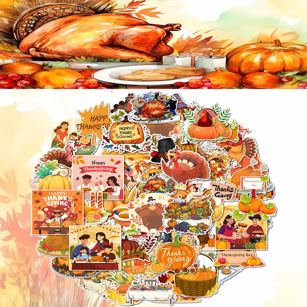Thanksgiving Fall Pumpkin Turkey Waterproof Stickers DIY Decals for Phone Laptop Water Bottle Scrapbook Decor