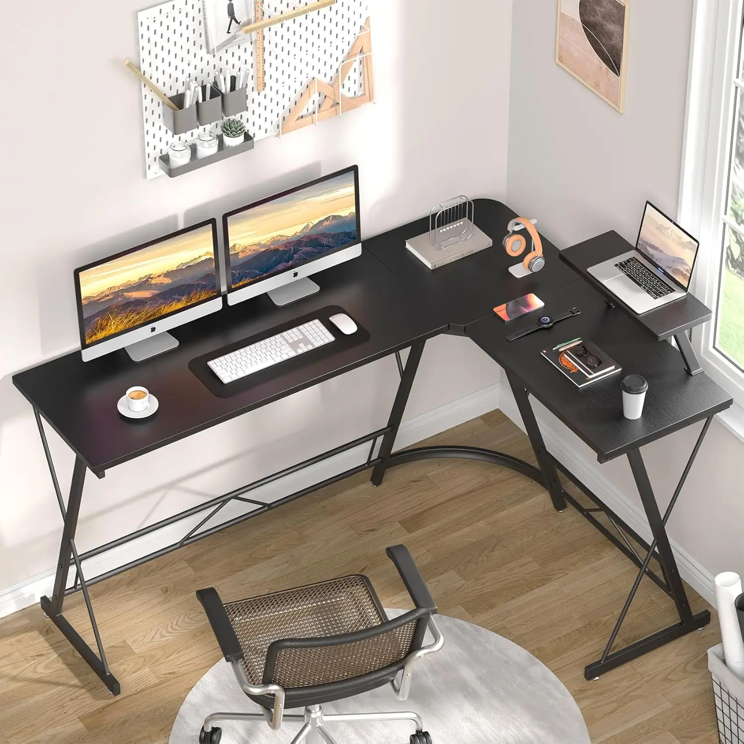 63" L Shaped Computer Desk, Corner Desk, Home Office Desk, Gaming Writing Workstation with Large Monitor Stand, Black Willow