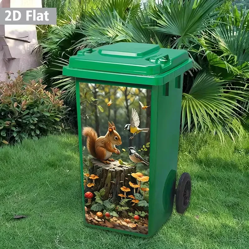 2D Forest Squirrel and Bird Ecological Theme Garbage Can Stickers - Waterproof and Removable Adhesive