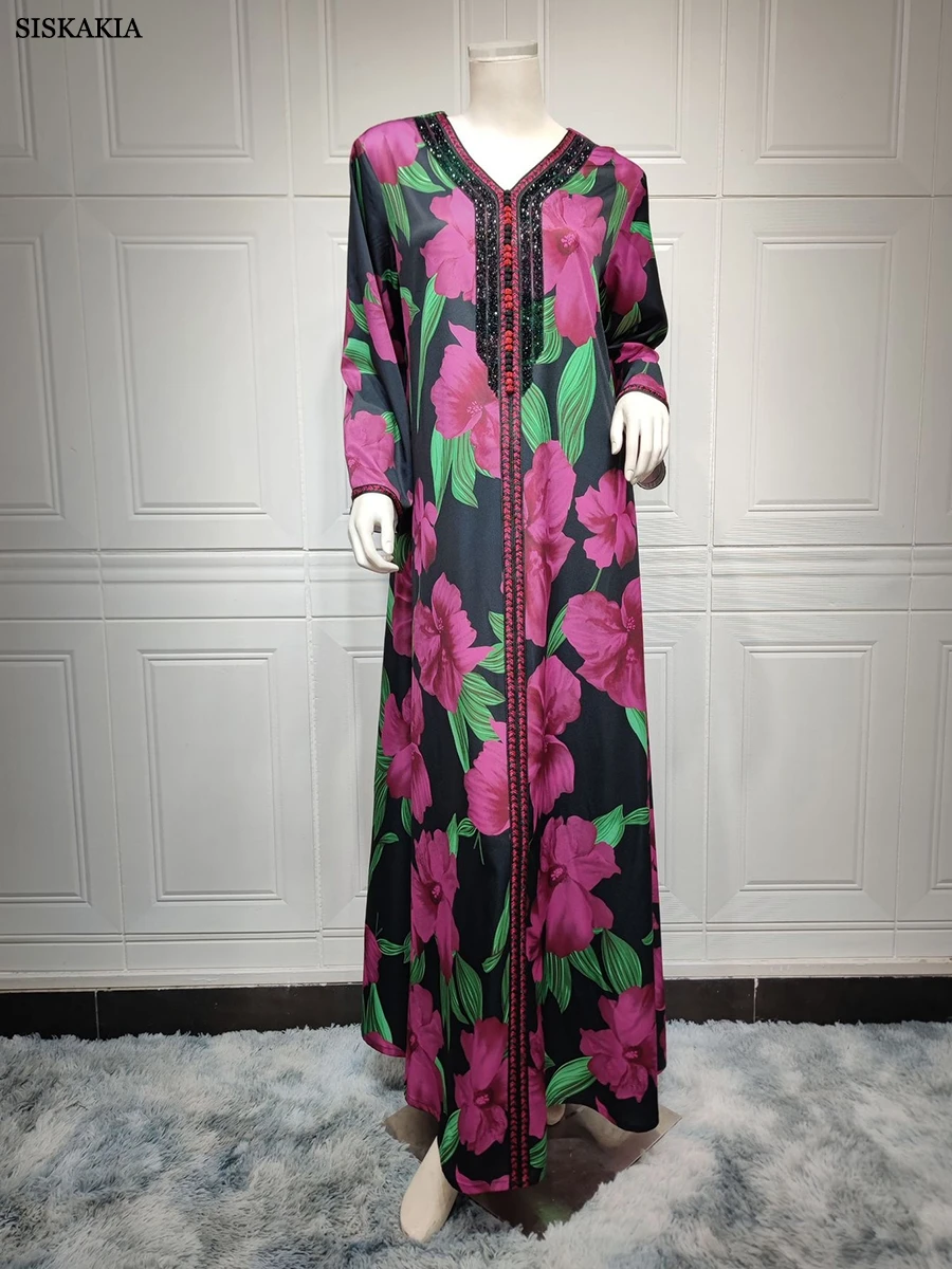 Dresses For Women 2023 Muslim Ethnic Floral Print New Abaya Diamonds Long Sleeve Maxi Dress Djellaba Marocaine