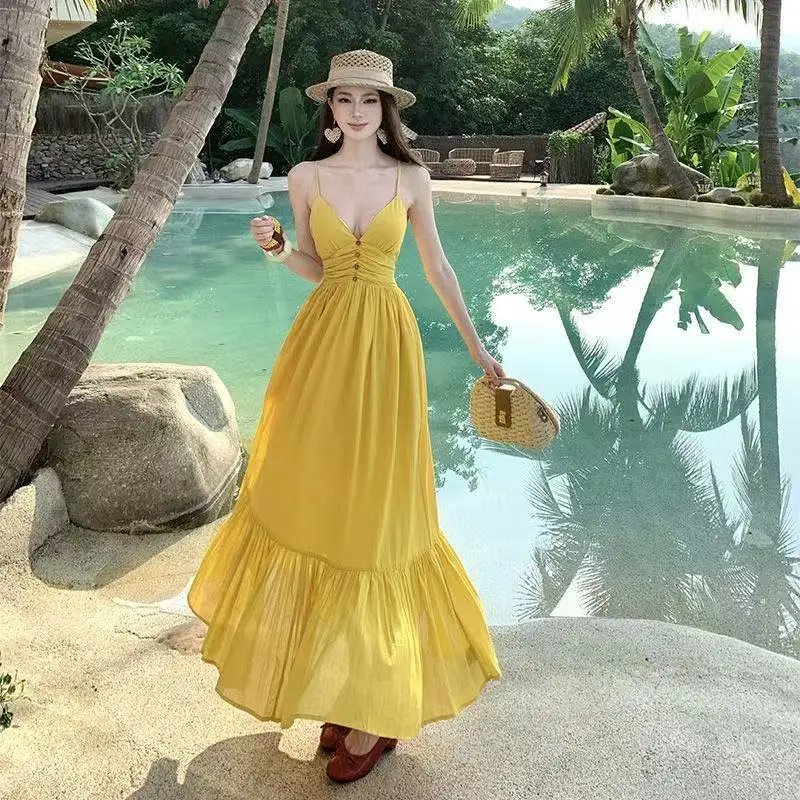 Dopamine Bright Yellow Strap Dress Women's Beautiful Beach Vacation Atmosphere Island Beach Big Swing Long Dress