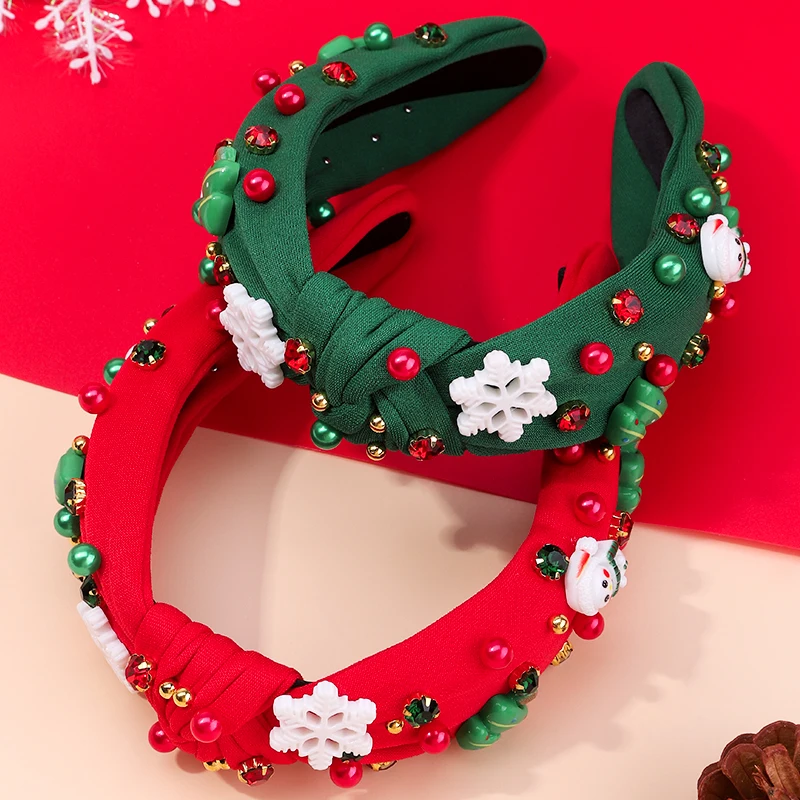 Christmas Headband New Personality Diamond Pearl Knot Headband Fashion Wide Edge High Cranial Top Clip Hair Accessories