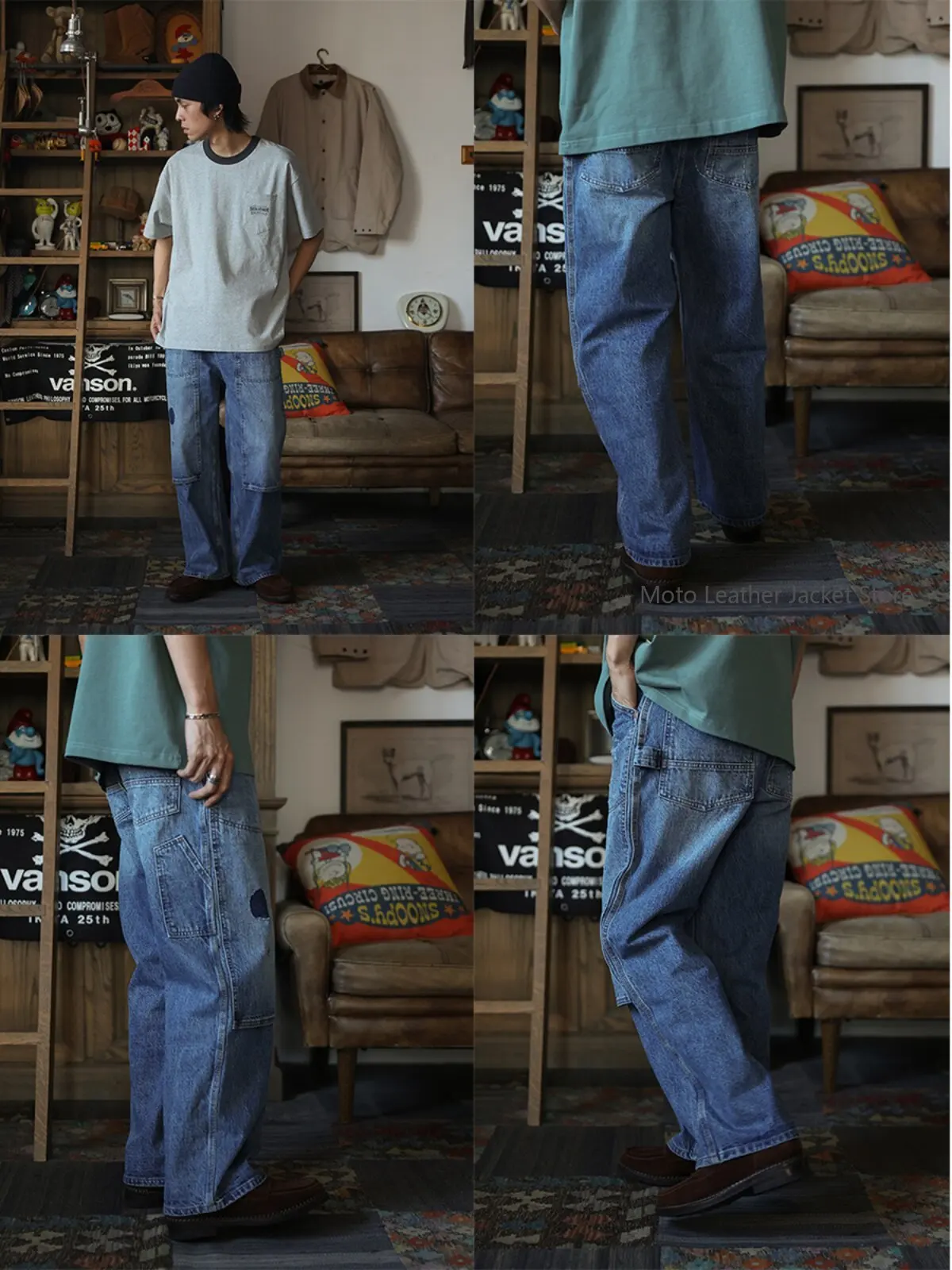 Secondorder FW23 Double Knee Carpenter Pants Washed Denim with Hand Patches Work Jeans
