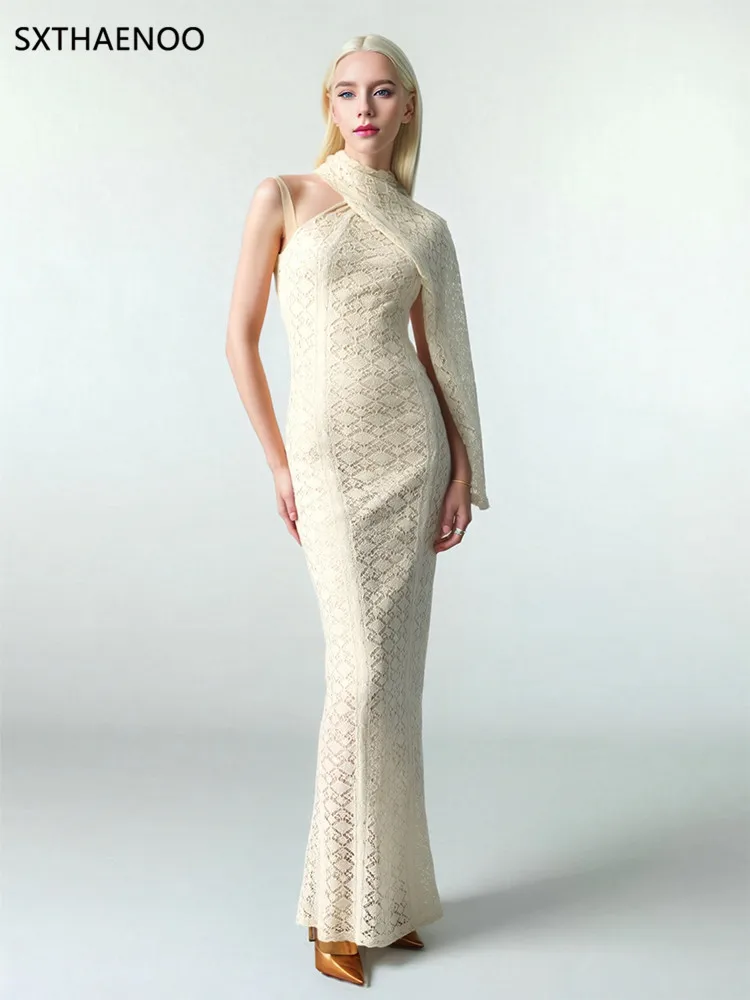 

SXTHAENOO Sexy Halter Neck Hollow Out Long Dress Women Sleeveless Backless Ribbon Draped Slim Dresses Evening Party Gowns 2026