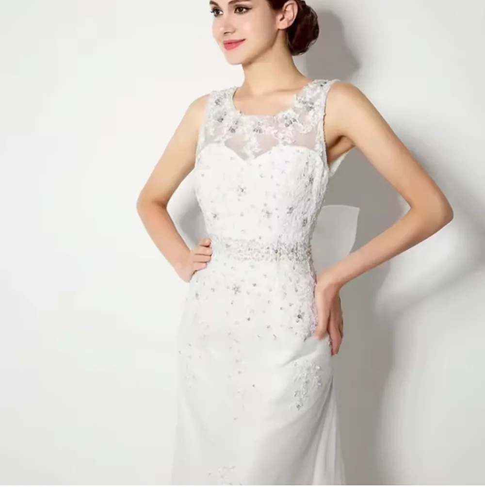 Vestido de novia blanco personalizado, tul, lentejuelas, apliques florales, lazo sin mangas para boda, fiesta de cumpleaños, banquete, vestido de fiesta de noche
