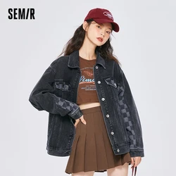 Semir Women Jacket Denim Jacket Checkerboard Splicing Top Loose Trendy Cool Autumn Embroidery Fashion Popular Jacket for Women