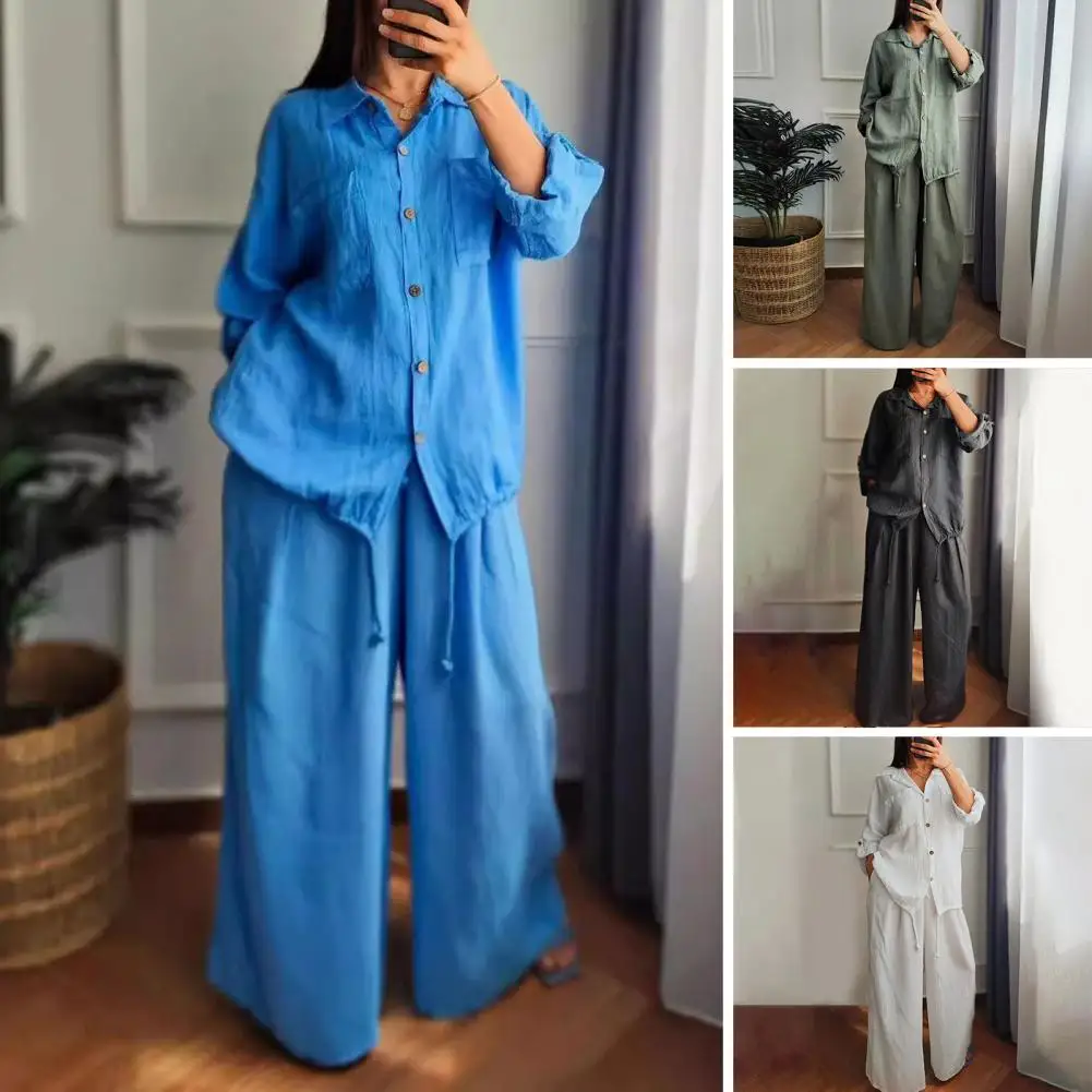 

Women Loose Fit Suit Stylish Women's Shirt Pants Set with Lapel Collar Drawstring Hem Blouse High Waist Wide Leg Pants for A