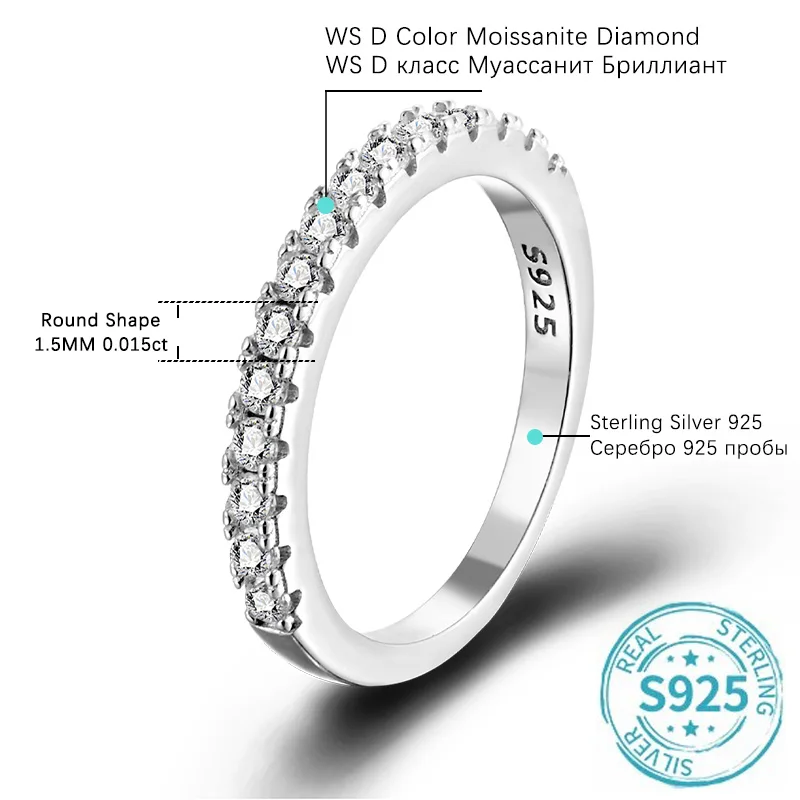 Moissanite Ring 925 Sterling Silver with White Gold Plated Full Diamond Eternity Band Engagement Wedding Rings for Women