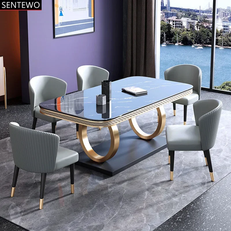 SENTEWO Free Shipping Italian Luxury White Marble Top Dining Table Set 6 Chairs Stainless Steel Gold Base Table Chair Furniture