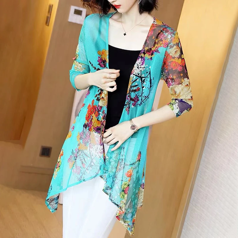 Mid-Length Mesh Sunscreen Clothing Women's New Summer Shawl Thin Cardigan Jacket Coat Fashion Print  Protection Shirt
