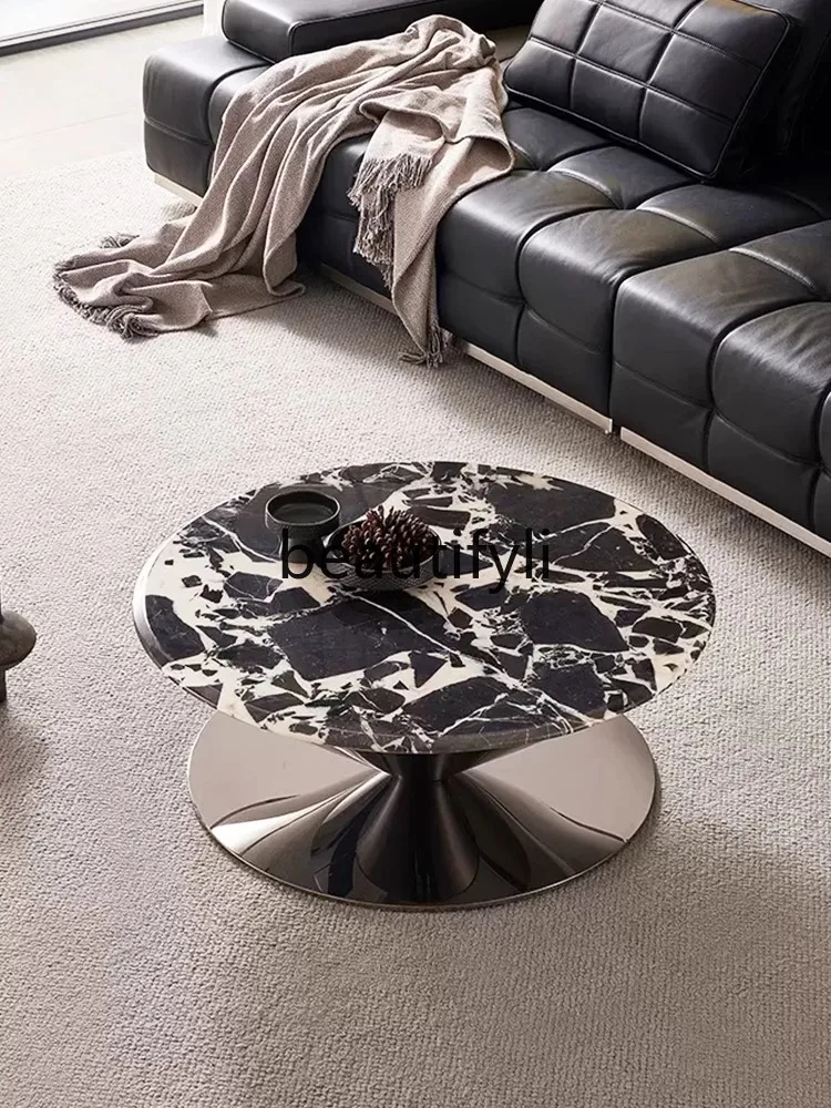 Minimalist black natural luxury stone home living room round designer flying saucer marble coffee table